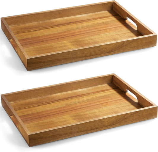 17 Inch Acacia Wood Serving Tray with Handles - Large Wooden Tray for Ottoman, Breakfast in Bed, Dinner, Coffee Table - Decorative Rectangular Tray for Living Room Bedroom Entryway and Kitchen