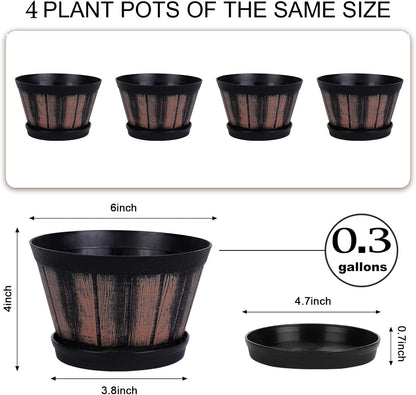 Quarut 3 Pack 10 inch Plant Pots,Whiskey Barrel Planters with Drainage Holes & Saucer, Plastic Decoration Flower Pots Imitation Wine Barrel Design, for Indoor & Outdoor Garden Home Plants (Brown)