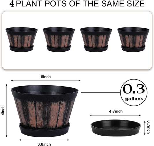 Quarut 3 Pack 10 inch Plant Pots,Whiskey Barrel Planters with Drainage Holes & Saucer, Plastic Decoration Flower Pots Imitation Wine Barrel Design, for Indoor & Outdoor Garden Home Plants (Brown)