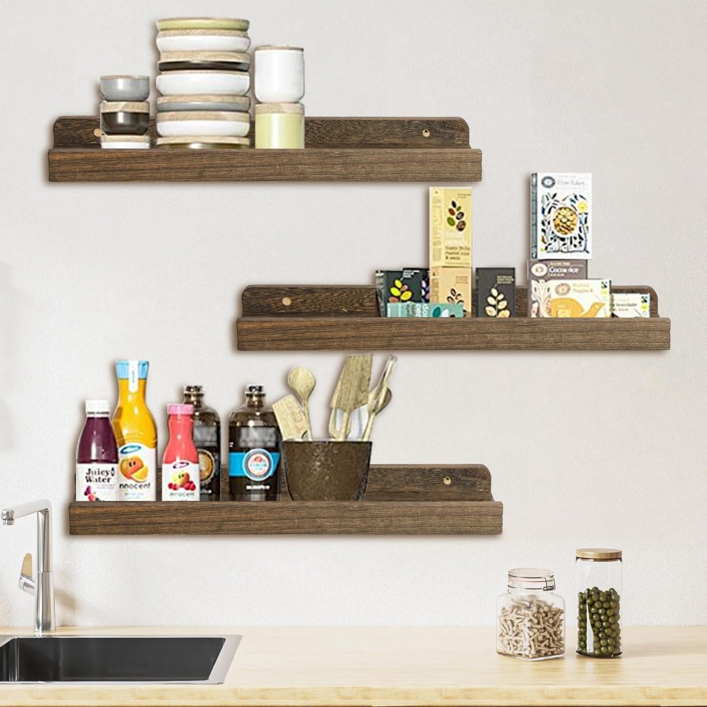 Floating Shelves Set of 3, 16.5 Inch Wood Picture Ledge Shelves for Wall Mounted Display in Bedroom, Living Room, Kitchen(Brown)