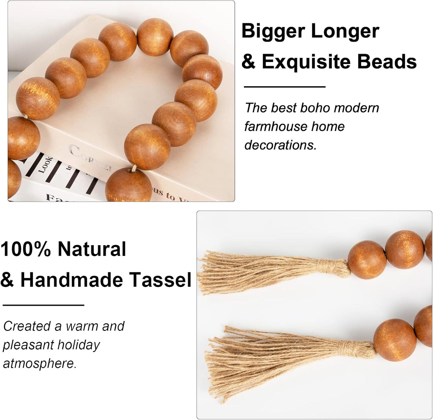 OMISHE Extra Large Wood Bead Garland with 1.6" Diameter Wooden Beads and Tassels, 41" Long Rustic Farmhouse Country Decorative Beads for Home Tiered Tray Decor, Natural Beige