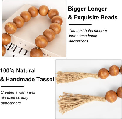 OMISHE Extra Large Wood Bead Garland with 1.6" Diameter Wooden Beads and Tassels, 41" Long Rustic Farmhouse Country Decorative Beads for Home Tiered Tray Decor, Natural Beige