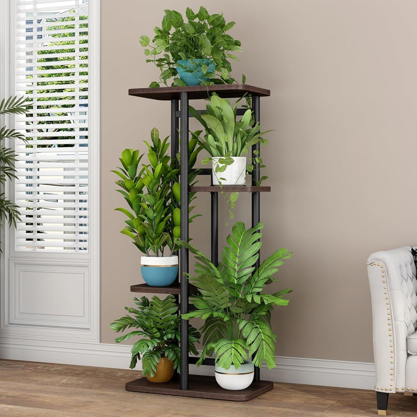 LINZINAR Plant Stand Indoor 4 Tier 5 Potted Multiple Plant Shelf Stands for Garden Corner Balcony Living Room Black