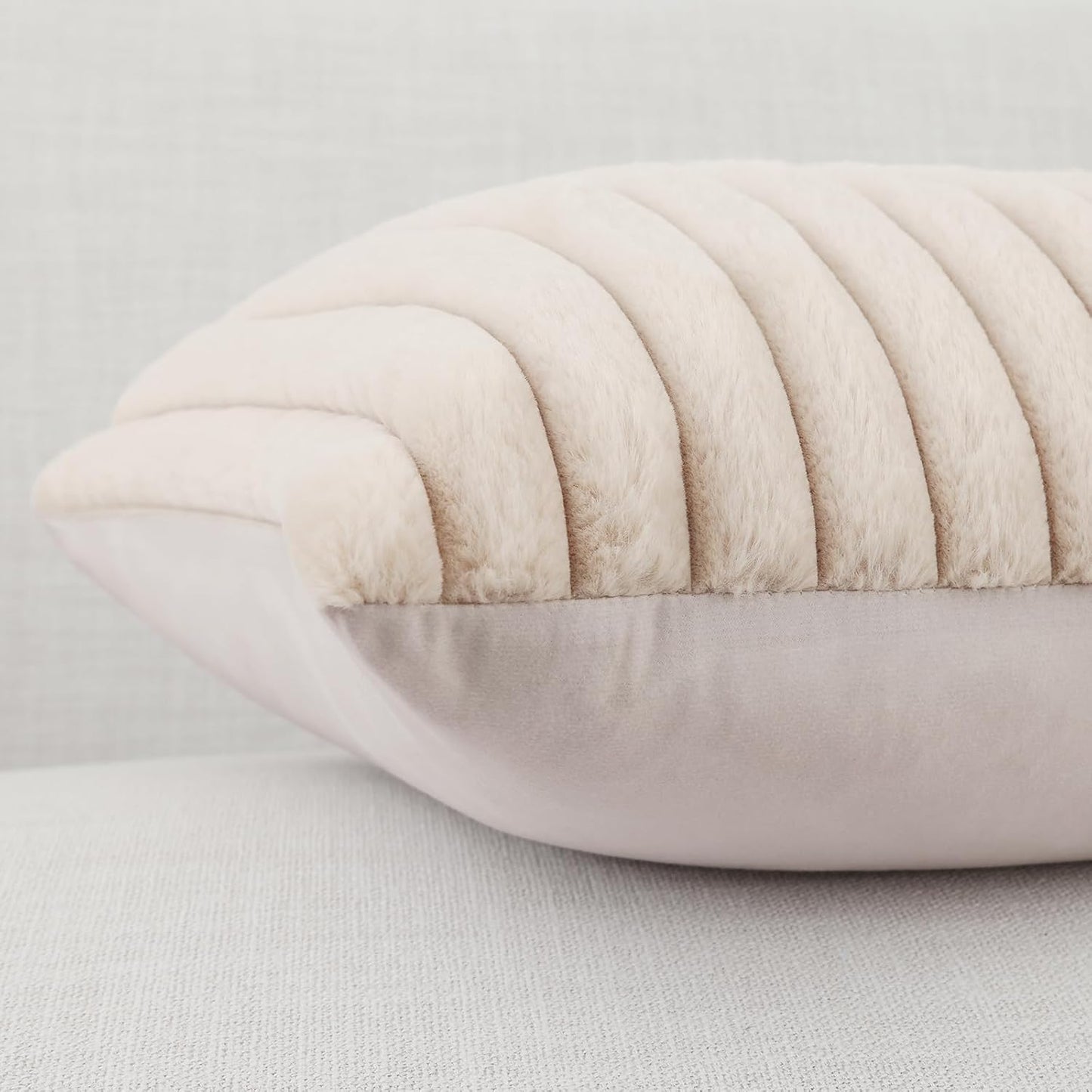 Pallene Faux Fur Plush Throw Pillow Covers 18x18 Set of 2, Luxury Soft Fluffy Striped Decorative Pillow Covers for Sofa, Couch, Living Room, Cream White