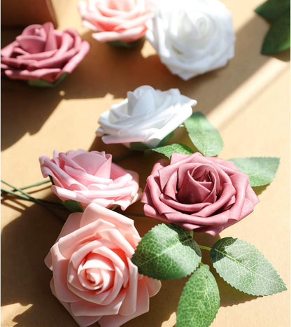 AmyHomie Artificial Flowers Dark Red Rose 25pcs Real Looking Fake Roses w/Stem for DIY Wedding Bouquets Centerpieces Arrangements Party Baby Shower Mothers Day Christmas Tree Decorations
