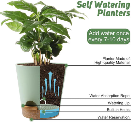 YNNICO Indoor Self Watering Planters with Drainage Holes and Saucers, 8, 7, 6.5, 6, 5.5, 5 Inches, Black, 6 Pots