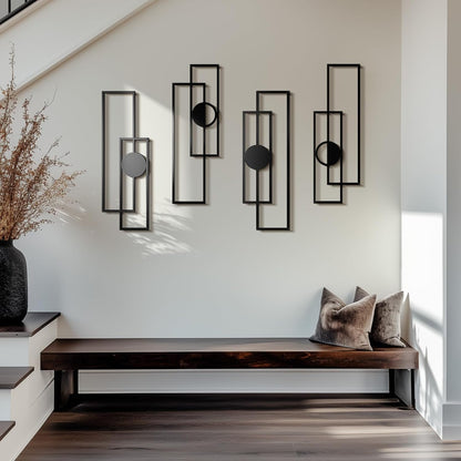 Abstract Black Metal Wall Art Set of 4, Large Modern Geometric Wall Decor with 3D Layered Design, Minimalist Wall Sculptures for Living Room, Bedroom, Bathroom, Kitchen, Hallway