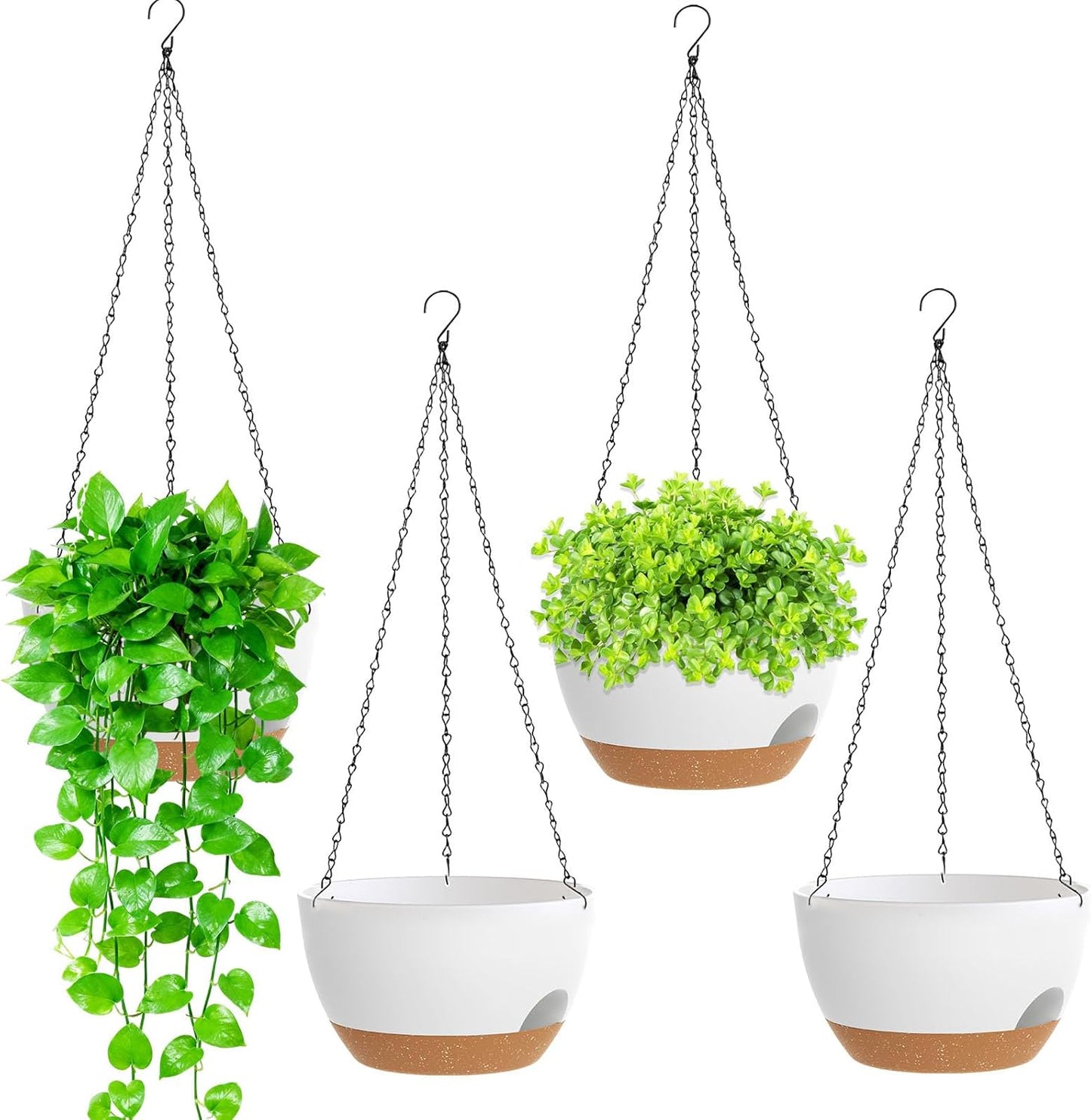 8 Inch Hanging Planters for Indoor Outdoor Plants, 4 Pack Black Plastic Self Watering Hanging Baskets with Drainage Holes and Chain for Garden Porch
