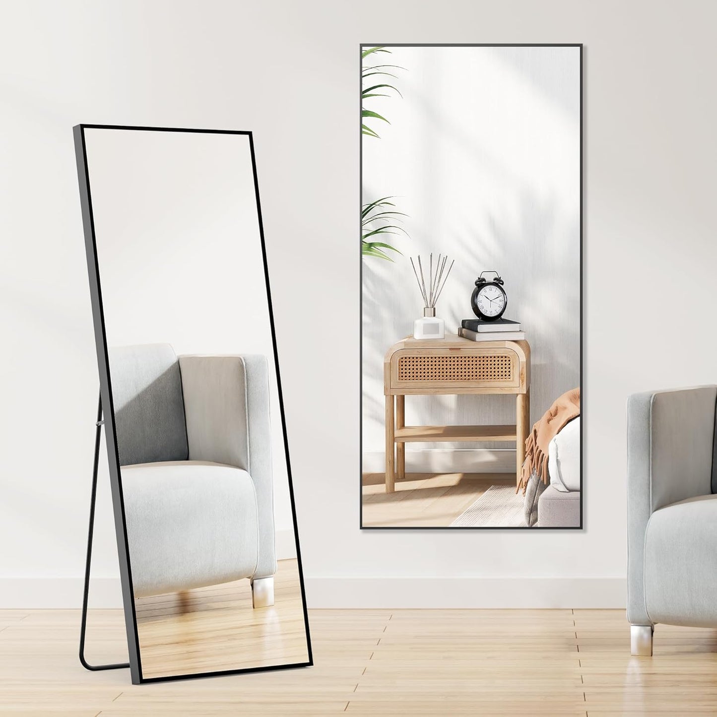 OLIXIS Black Arched Full Length Mirror 60"x16" for Bedroom, Full Body Mirror with Stand, Hanging or Leaning for Wall, Aluminum Alloy Thin Frame Floor Standing for Living Room