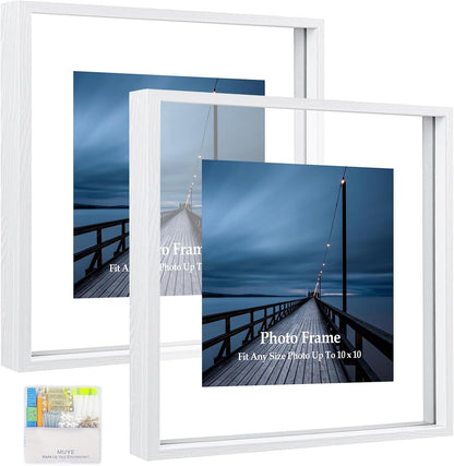 MUYE 11x14 Floating Frame Set of 2,Double Glass Rustic Frame,Display Any Size Photo up to 11x14,Wall Mount or Tabletop Standing,Natural