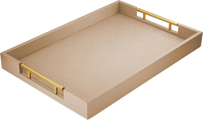ATZYmolin 17" x 12" Wood Serving Tray with Gold Polished Metal Handles, Home Decorative Wooden Rectangle Ottoman Leather Decor Platter Bathroom Vanity Tray for All Occasions White