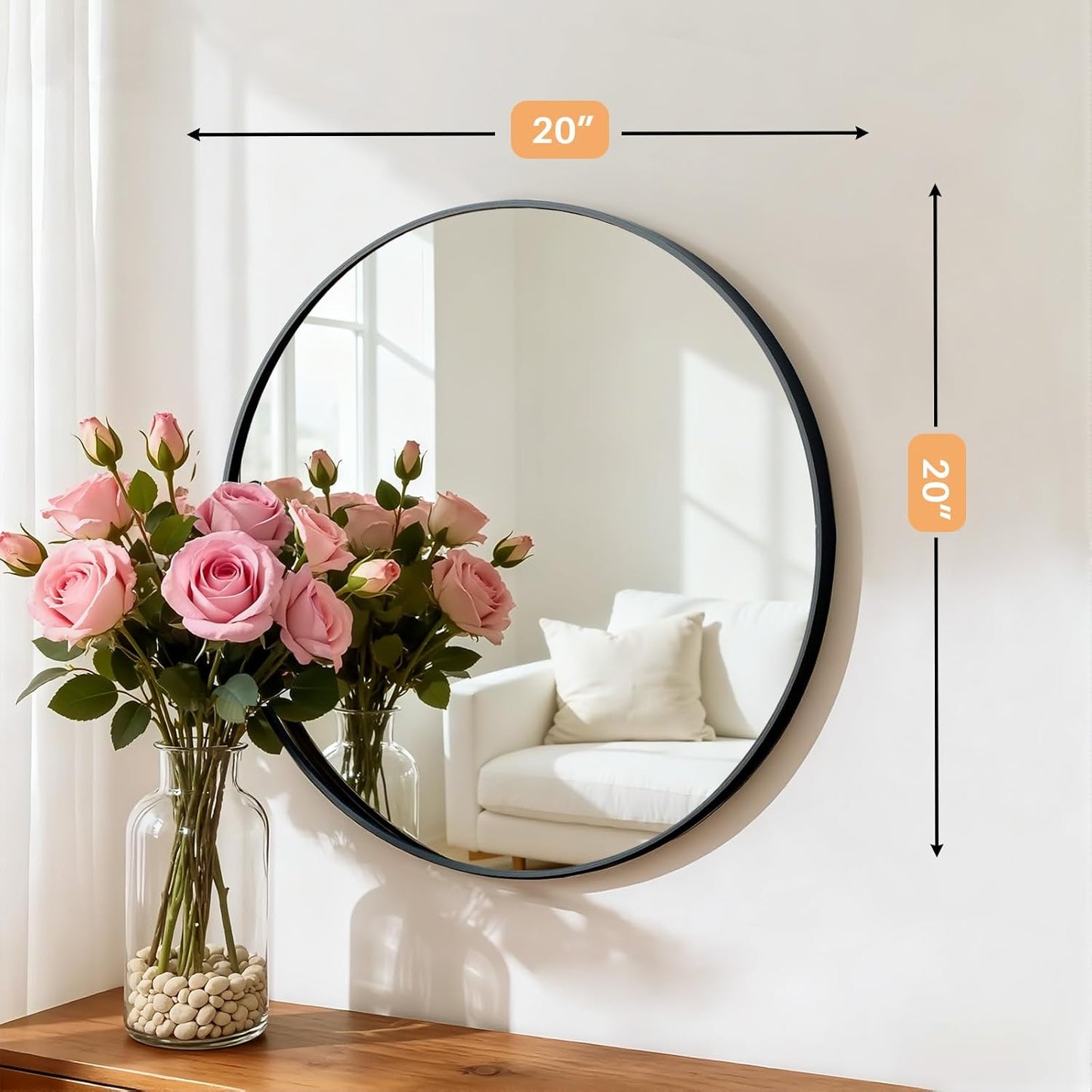 Bathroom Mirror for Wall, 24 Inch Round Mirror, Matte Black Metal Framed Circle Vanity Mirror for Bathroom Bedroom Living Room Entryway, Anti-Rust, Tempered Glass, Hanging or Leaning