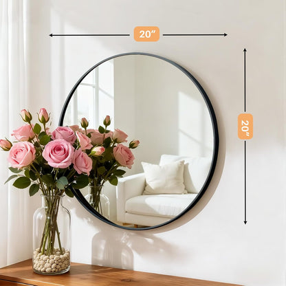 Bathroom Mirror for Wall, 24 Inch Round Mirror, Matte Black Metal Framed Circle Vanity Mirror for Bathroom Bedroom Living Room Entryway, Anti-Rust, Tempered Glass, Hanging or Leaning