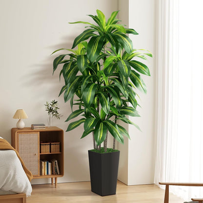 Artificial Dracaena Tree Indoor, 5FT Tall Fake Tree with White Tall Planter, Artificial Tree Fake Yucca Potted Tree for Home Office Living Room Decor, Tall Artificial Plant for Housewarming