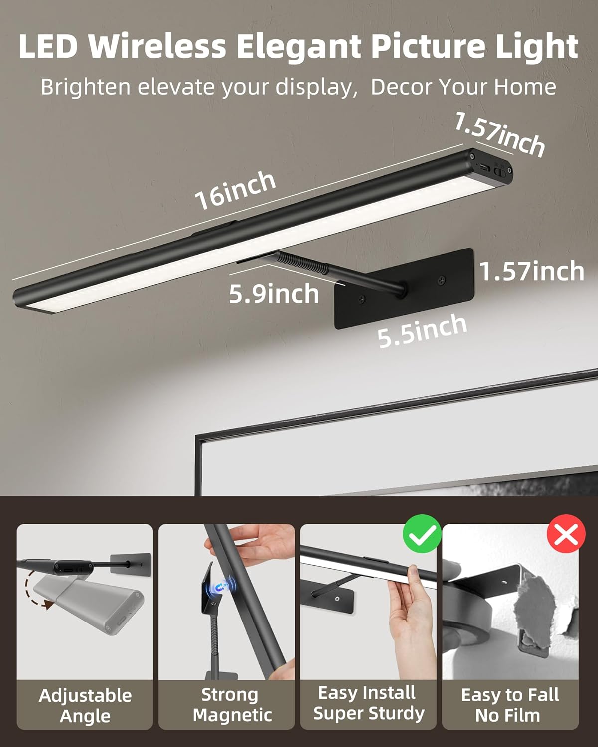 EZVALO Picture Light for Wall, 4800mAh Rechargeable Wireless Remote, 16in Dimmable Magnetic LED Art Display Light with 3 Color Temperatures, for Gallery, Living Room, Bedroom, Hallway (Gold)