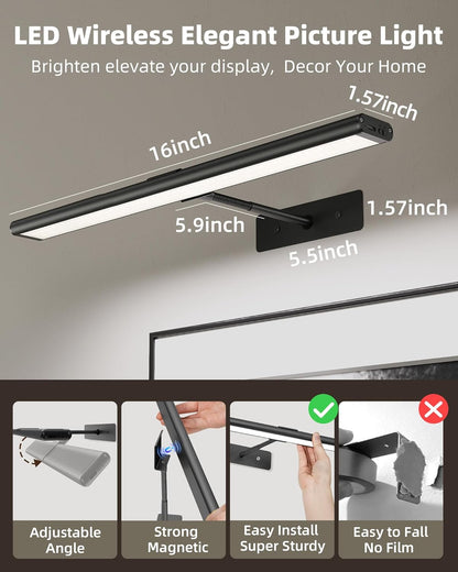 EZVALO Picture Light for Wall, 4800mAh Rechargeable Wireless Remote, 16in Dimmable Magnetic LED Art Display Light with 3 Color Temperatures, for Gallery, Living Room, Bedroom, Hallway (Gold)