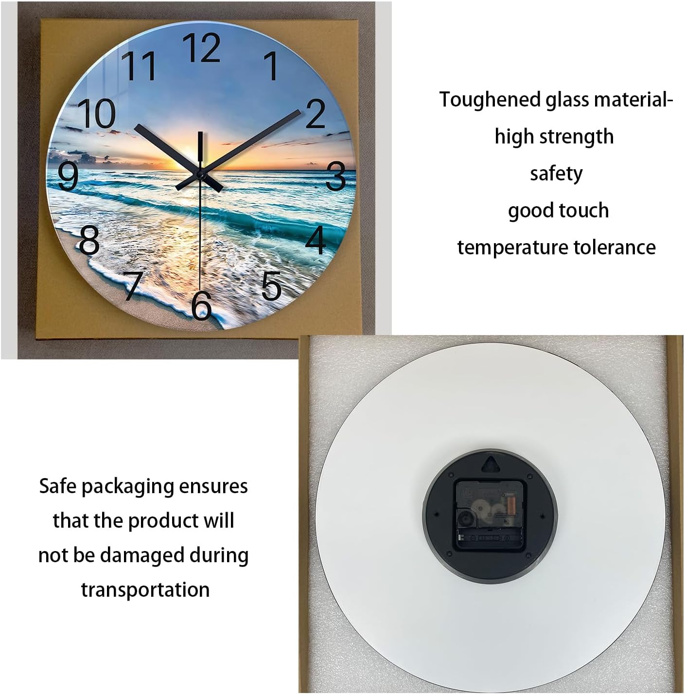 Beach Wall Clock Battery Operated 12 Inch Glass Wall Clock Non Ticking Analog Blue Wall Clocks for Bedroom Living Room Office Decor