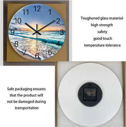 Beach Wall Clock Battery Operated 12 Inch Glass Wall Clock Non Ticking Analog Blue Wall Clocks for Bedroom Living Room Office Decor