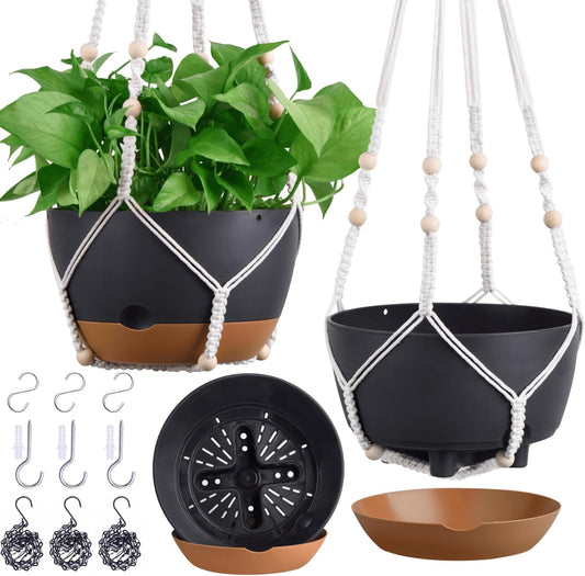 Set of 2-10 Inch Hanging Planters for Indoor Plants with Self-Watering Includes Hanging Pots for Plants, Outdoor Hanging Plant Pot with Drainage, and 2 Types of Hanging Baskets Hangers (White, 10inch)