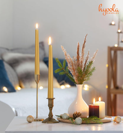 Hyoola Tall Taper Candles - 10 Inch Metallic Gold Unscented Dripless Taper Candles - 8 Hour Burn Time - 4 Pack