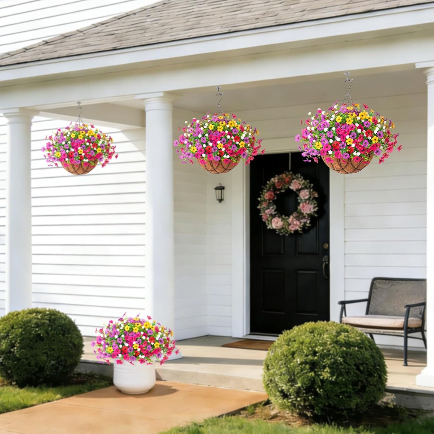 Artificial Silk Flowers Hanging Basket for Outdoor Indoor, Daisy with Eucalyptus Leaves Arrangement for Garden Yard Spring Summer Decor, Faux Green Plant in Metal Coconut Lining Pot(Red Purple)