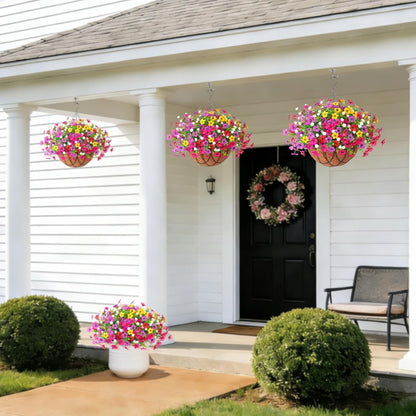 Artificial Silk Flowers Hanging Basket for Outdoor Indoor, Daisy with Eucalyptus Leaves Arrangement for Garden Yard Spring Summer Decor, Faux Green Plant in Metal Coconut Lining Pot(Red Purple)