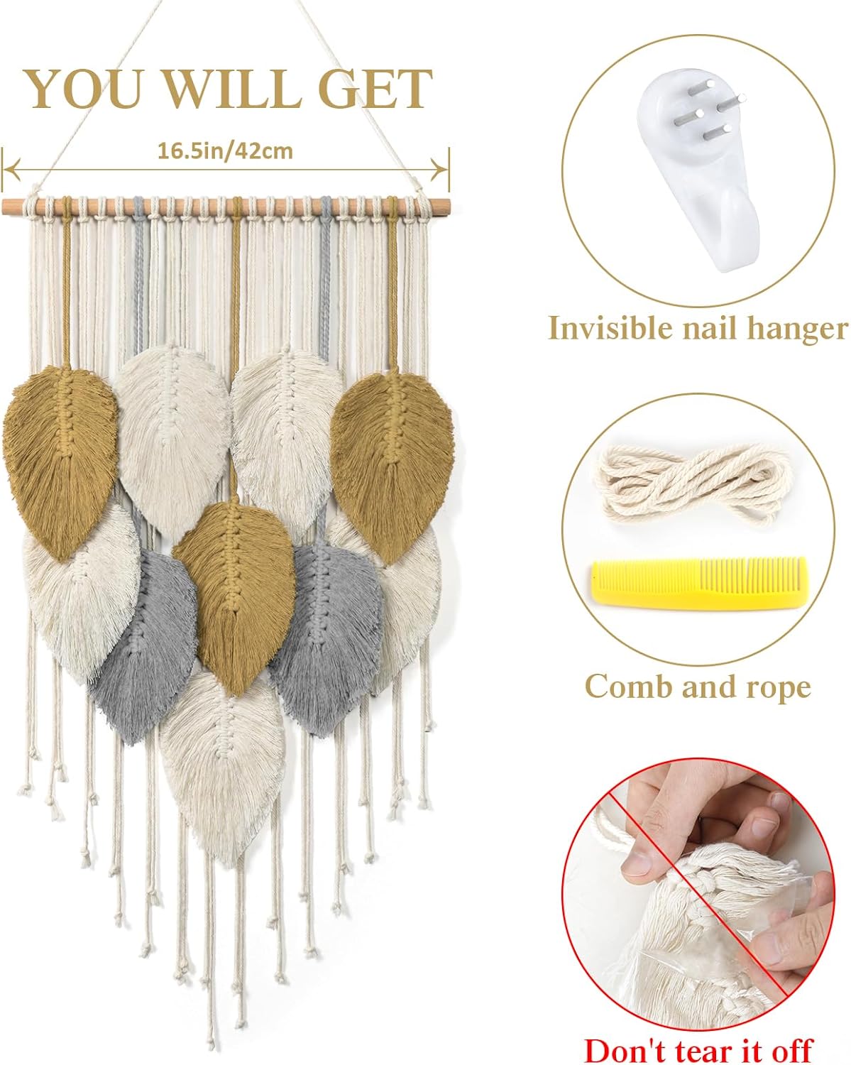 LOMOHOO Macrame Wall Hanging Boho Beige Leaves Tapestry Bohemian Handmade Woven Wall Art Decoration for Bedroom Living Room Apartment Dorm Gallery Perfect Handmade Gift Ideas