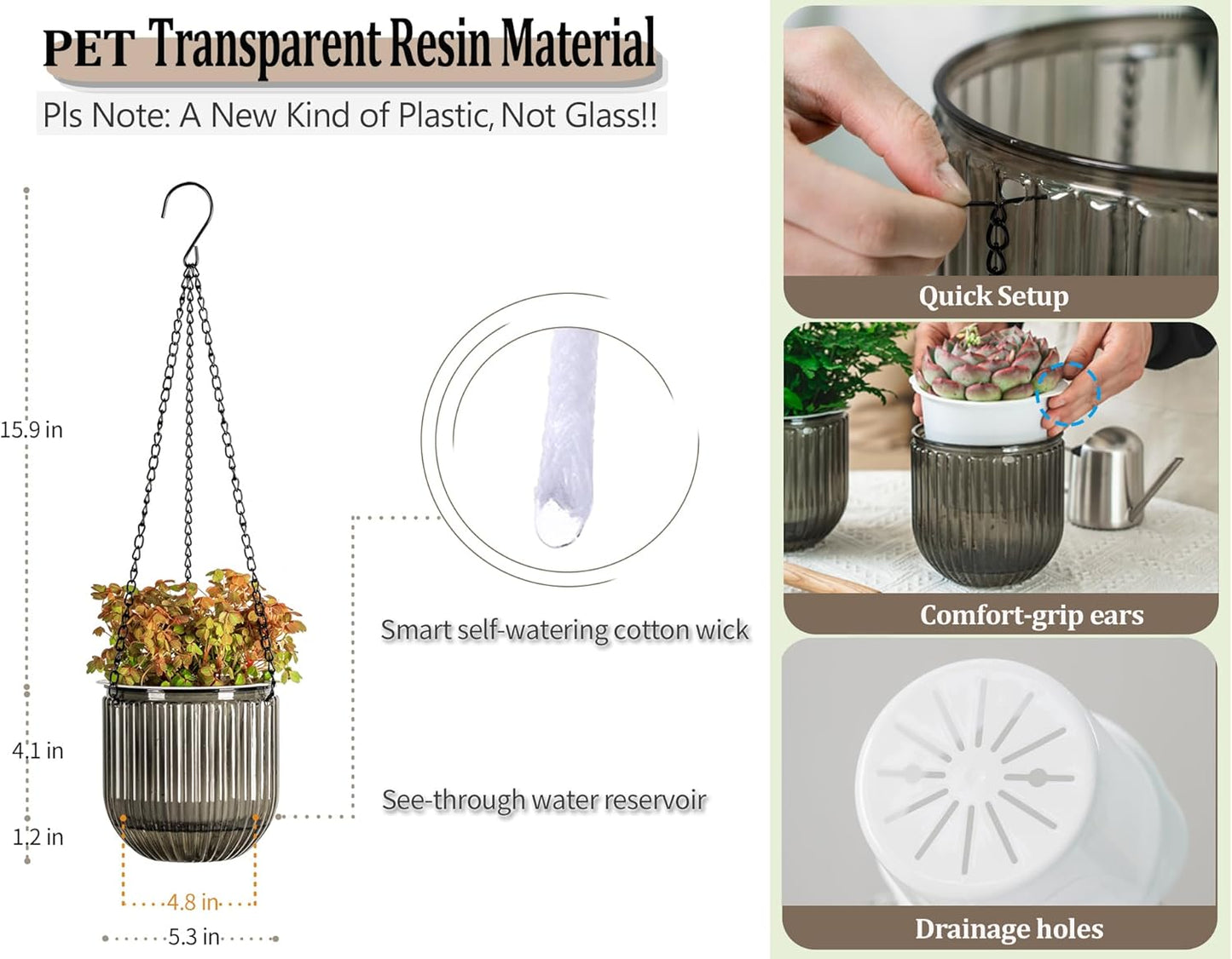 Melphoe 2 Pack Self Watering Hanging Planters Indoor Flower Pots, 6.5 Inch Outdoor Hanging Basket, Plant Hanger with 3Hooks Drainage Holes for Garden Home (Emerald)