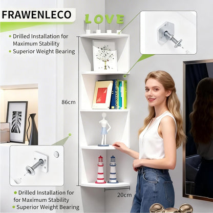 No-Drill Corner Shelf Wall Mount, 5-Tier Floating Corner Bookshelf with Hooks, Space-Saving Zigzag Plant Shelf for Bedroom, Living Room, Bathroom, Home Office