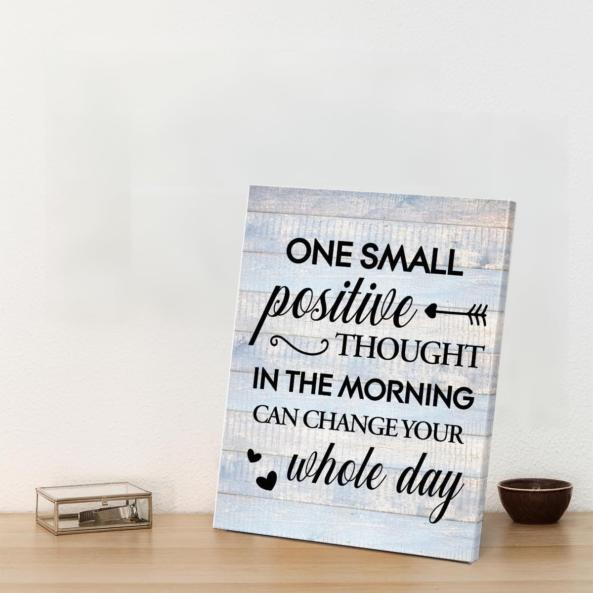 Inspirational Farmhouse Canvas Print Wall Art Decor One Small Positive Thought in the Morning Can Change Your Whole Day Sign Painting Plaque Rustic Home Decoration (8 X 8 Inches, Framed)