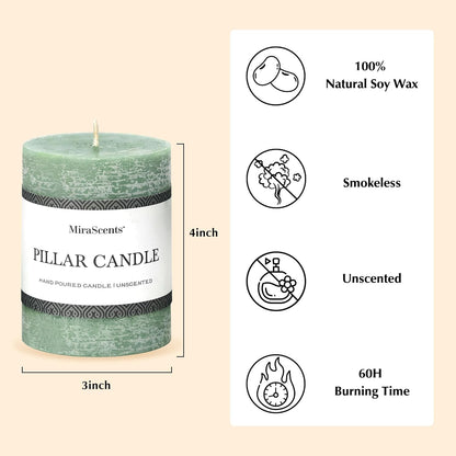 3x6 Inch Sage Green Pillar Candles Set of 3 - Unscented Spring, Long Clean Burning, Large Smokeless Dripless for Home Decor, Dinner Table, Bathroom, Rustic Decor