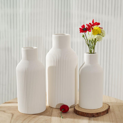 Bohemian White Ceramic Vase - for Pampas Grass, Mantel, Bookshelf, Entryway and Living Room Decor (White, 7in)