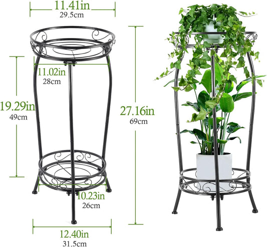Kavlium Plant Stand Indoor Outdoor，Tall Black Metal Rustproof Stable Plant Stands，2 Tier 27.1 inch Multiple Plant Rack Holder Rack Flower Pot Stand Heavy Duty Plant Shelf