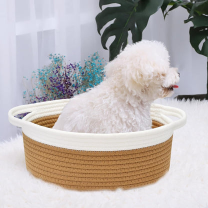 ABenkle Small Basket with Handles, Boho Decorative Rope Woven Dog Cat Toy Storage Bin Shelf Storage Organizer, Easter Christmas Gift Basket, 12"x8"x5", White