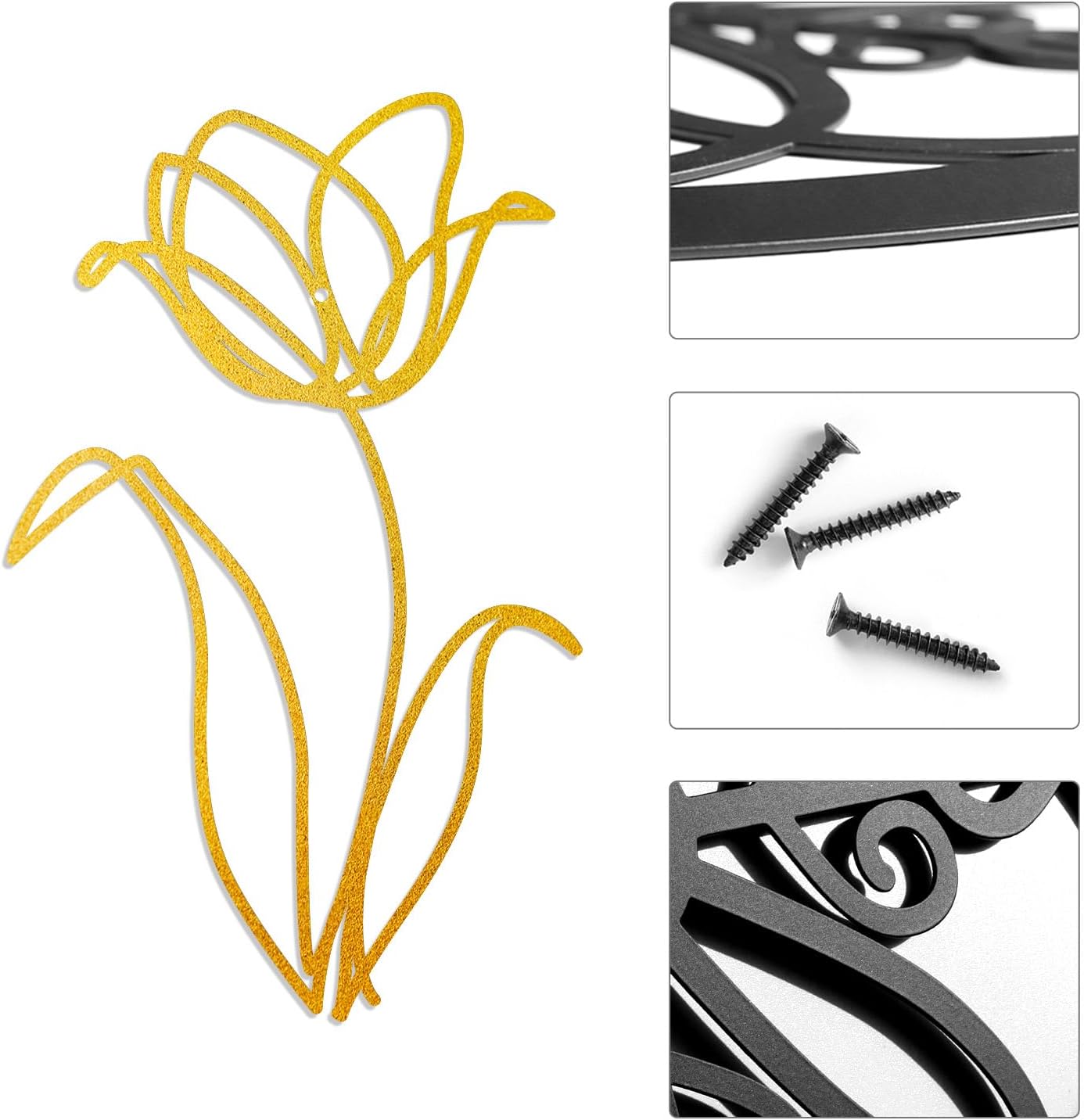Oubasa Metal Flowers Wall Art Set of 3, Farmhouse Floral Home Decoration, Modern Line Art Flower Wall Decor for Living Room Bedroom Bathroom, Minimalist Botanical Wall Sculpture – Lily, Tulip, Rose