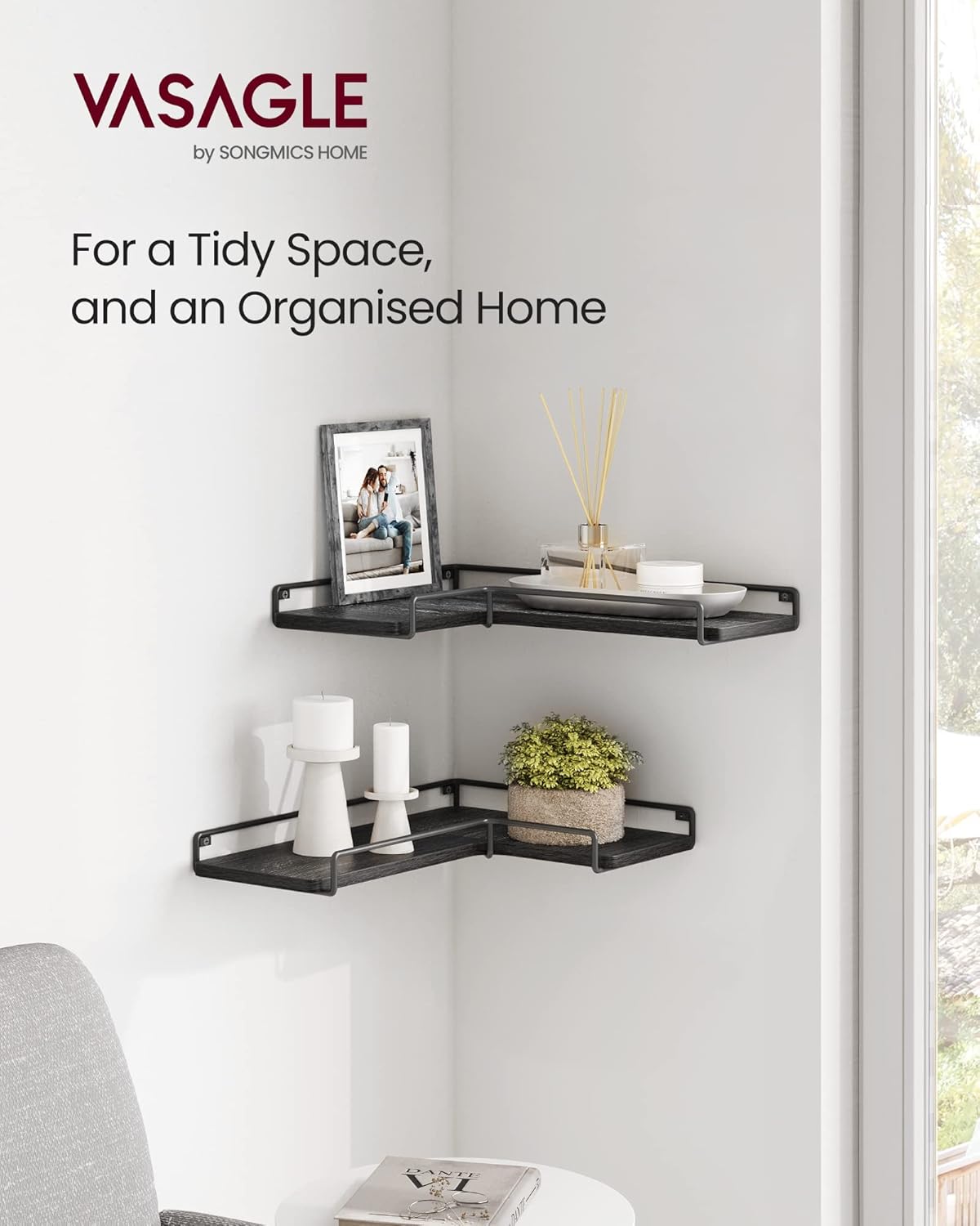 VASAGLE Corner Shelf Wall Mount Set of 2, Floating Shelves, Small Wall Shelf for Decor Storage, for Living Room Bedroom Kitchen Bathroom, Rustic Brown and Black ULLS831B01