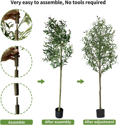 Olive Trees Artificial Indoor, Artificial Olive Tree 6FT Faux Olive Tree for Home Office Decor, Artificial Tree with Realistic Trunk, Branches, Leaves and Fruits, Fake Olive Tree for Gift