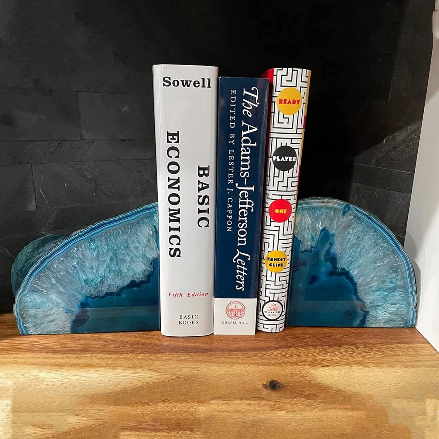 JIC Gem Dyed Blue Agate Bookends Geode Decorative Book Ends for Heavy Books with Rubber Bumpers for Office and Home Decoration Polished Small Size 2 to 3 Lbs