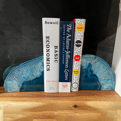 JIC Gem Dyed Blue Agate Bookends Geode Decorative Book Ends for Heavy Books with Rubber Bumpers for Office and Home Decoration Polished Small Size 2 to 3 Lbs