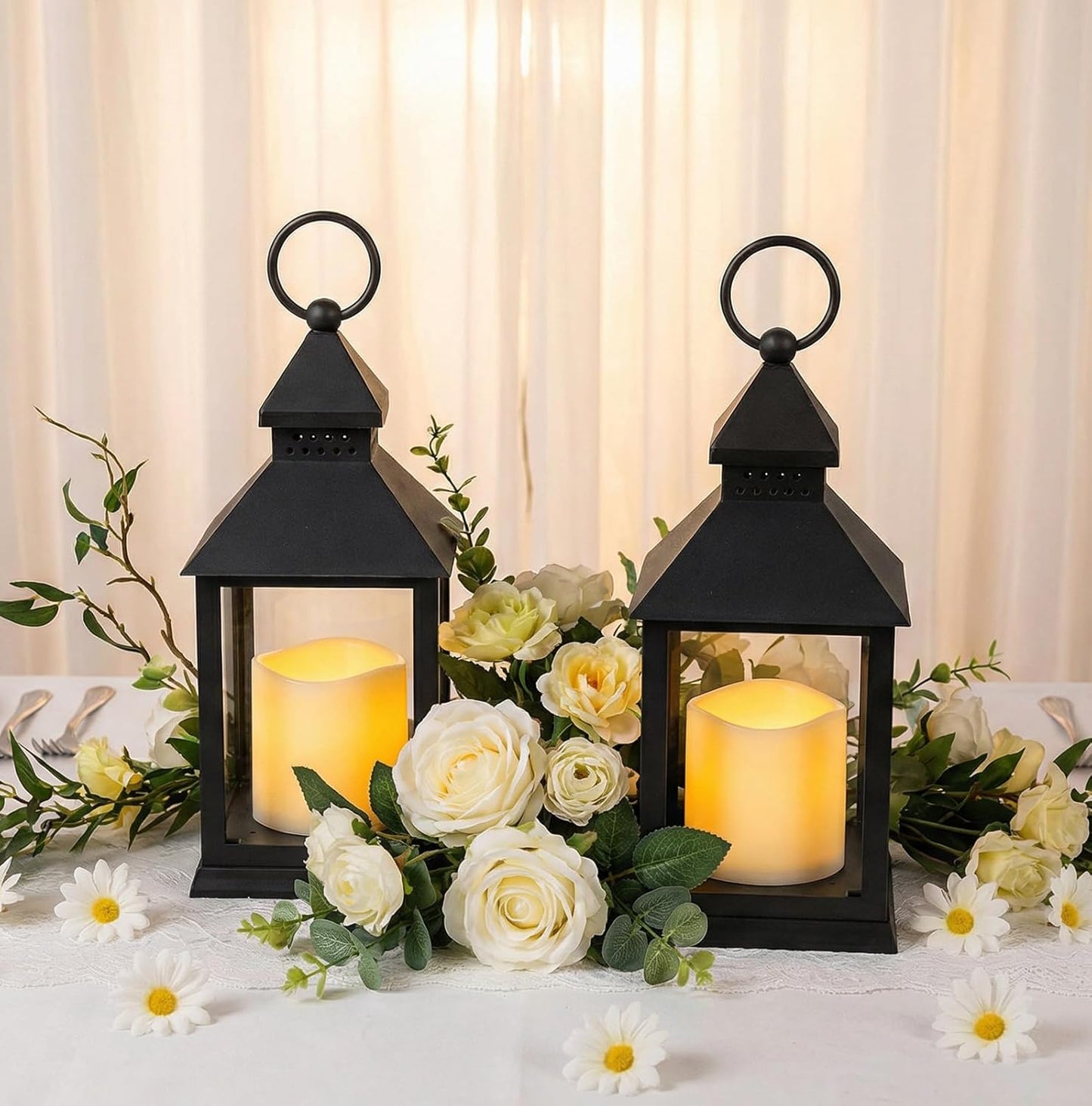 2 Pack 10.2” Candle Lanterns Decorative Indoor Hanging Lanterns with Warm Flickering LED Candle 6 Hours Timer,Black Battery Powered Candle Lantern Table Centerpiece Mantle Shelf Home Decor