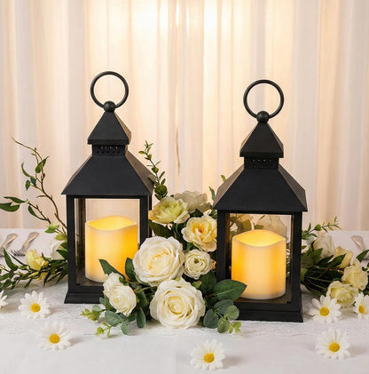 2 Pack 10.2” Candle Lanterns Decorative Indoor Hanging Lanterns with Warm Flickering LED Candle 6 Hours Timer,Black Battery Powered Candle Lantern Table Centerpiece Mantle Shelf Home Decor