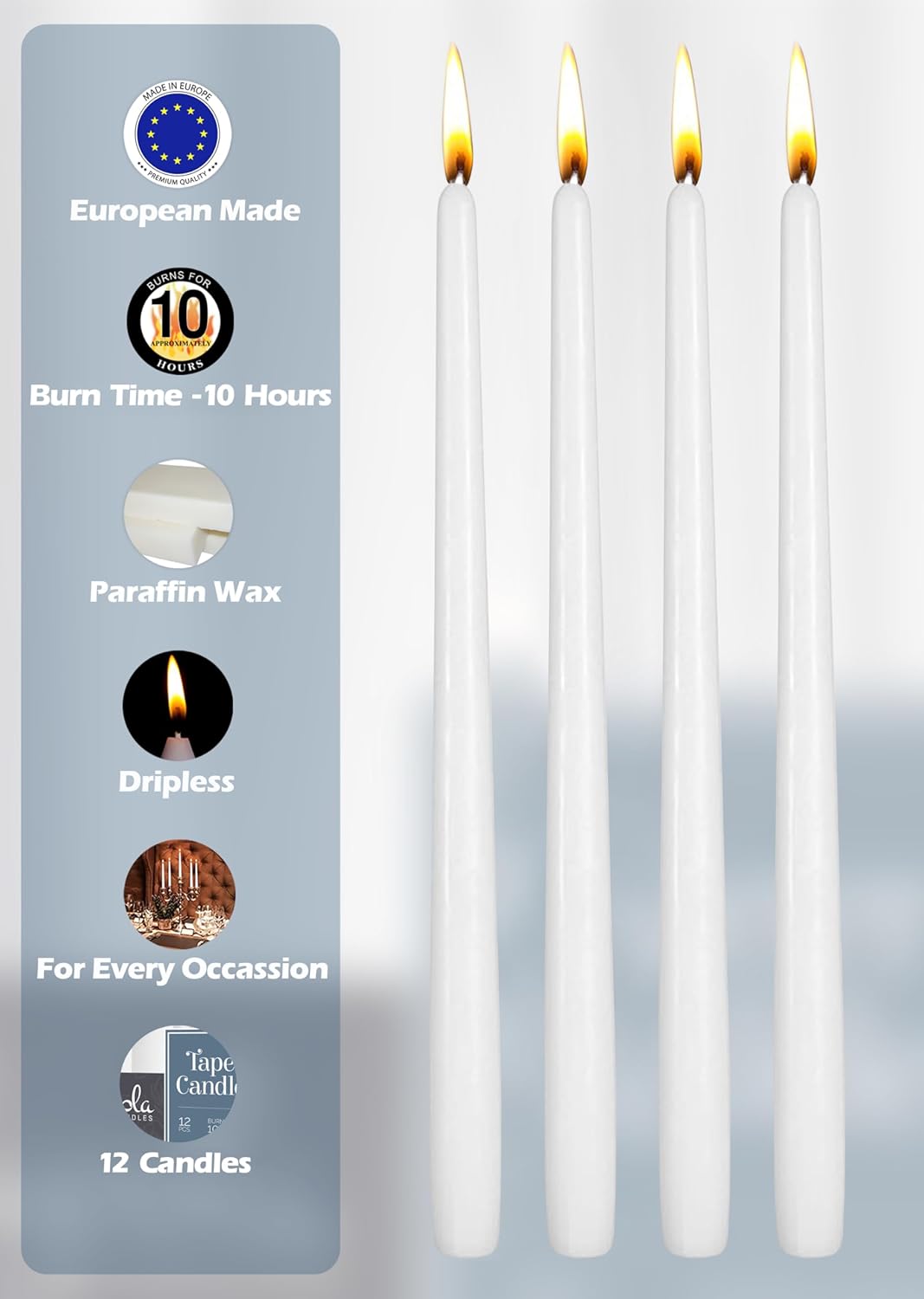 Hyoola 12 Pack Tall Taper Candles - 10 Inch White Dripless, Unscented Dinner Candle - Paraffin Wax with Cotton Wicks - 8 Hour Burn Time