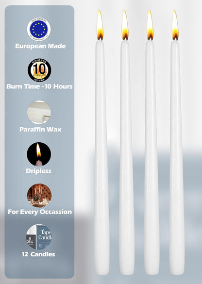 Hyoola 12 Pack Tall Taper Candles - 10 Inch White Dripless, Unscented Dinner Candle - Paraffin Wax with Cotton Wicks - 8 Hour Burn Time