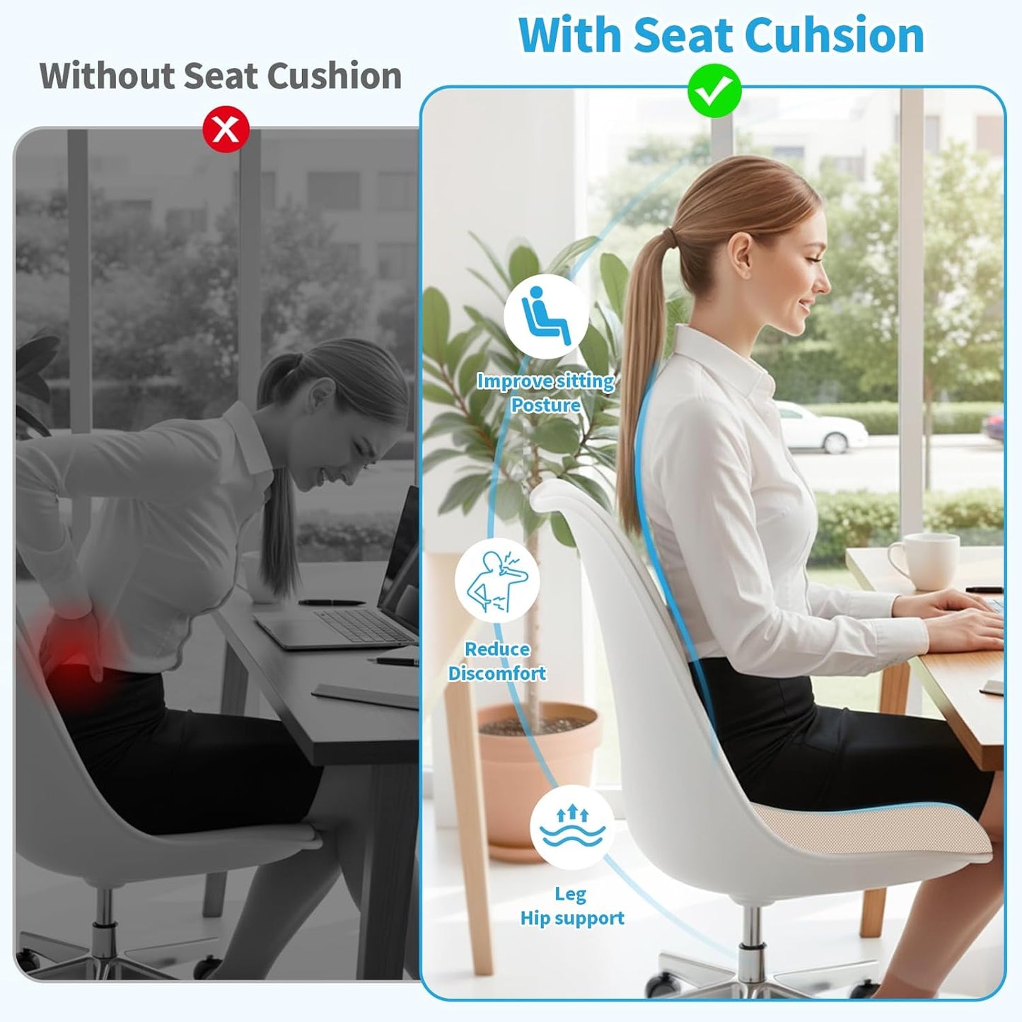 TranquilRelax Large Seat Cushion, Memory Foam Cushion for Long Sitting Hours on Office Chair, Car Seat, Non-Slip Chair Pad for Sciatica, Coccyx, Tailbone Pain Relief & Post-Surgery Recovery (Black)