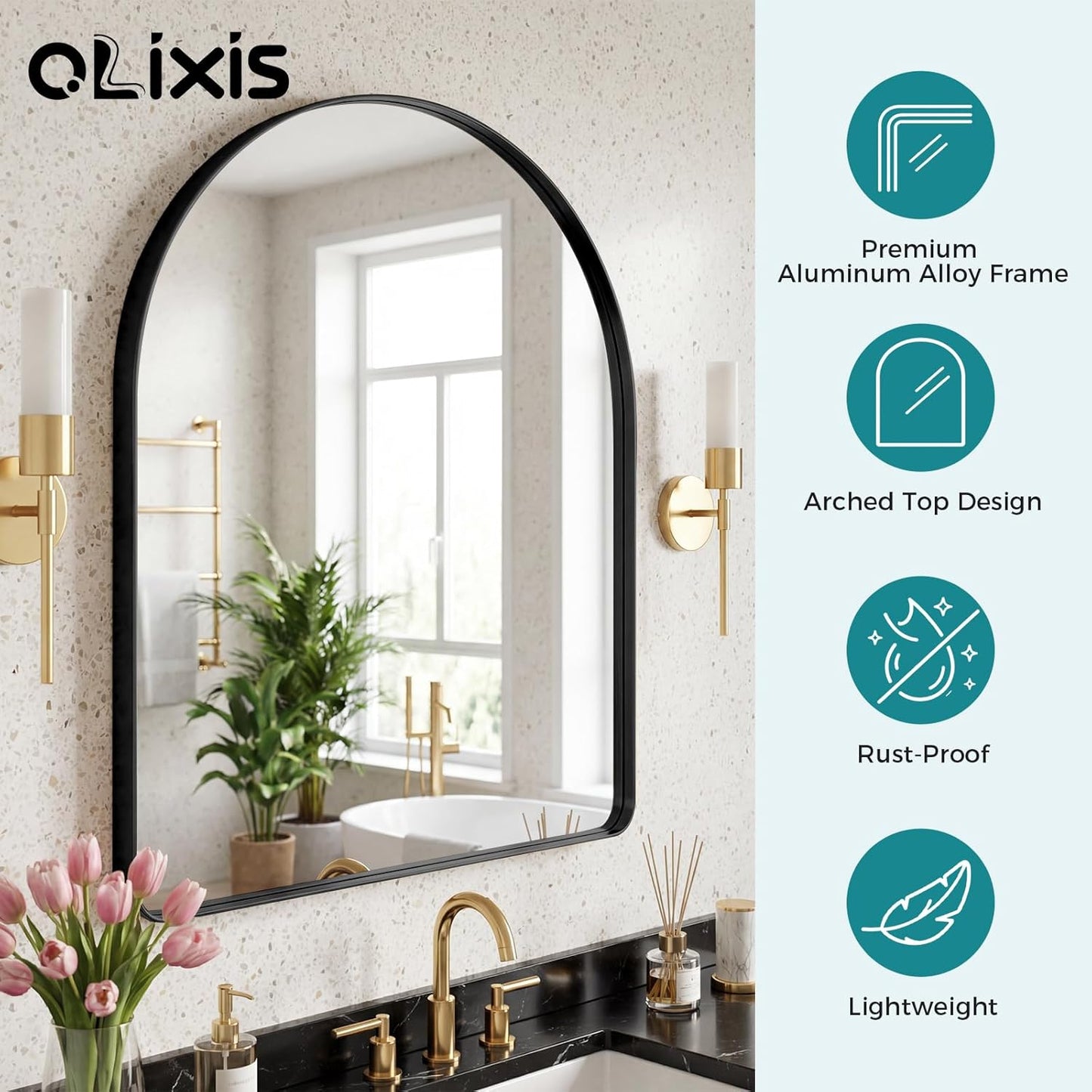 OLIXIS Arched Bathroom Mirror for Over Sink, 34x32 Inch Wall Mirror Arched Rounded Rectangle, Modern Wall Mount Vanity Mirror with Matte Metal Deep Framed, for Home Decor, Living Room, Black