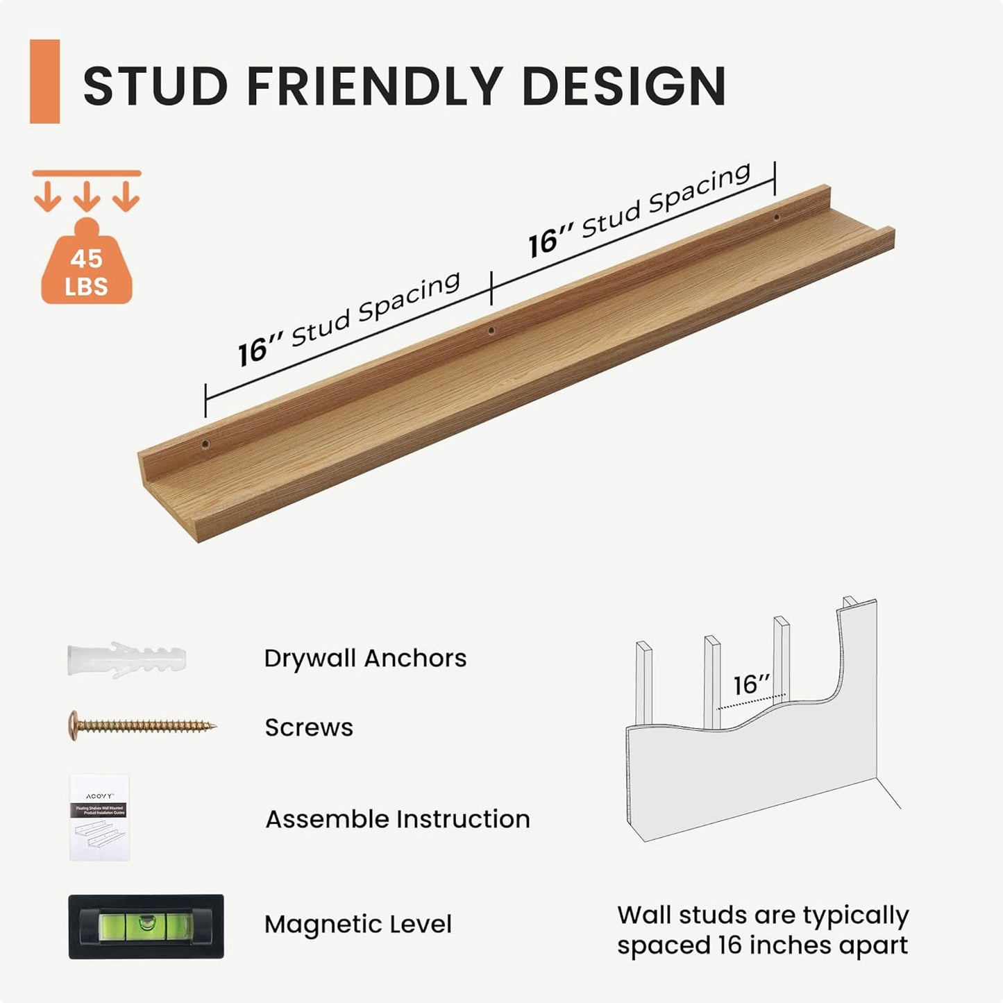 FLYJOE Picture Ledge Shelf, Floating Shelves Set of 2, Solid Pine Wood 55'' Long Large Nursery Book Shelves for Toys Storage, Kids Bookshelf for Living Room Bedroom Decor Books Photo Frames, Walnut
