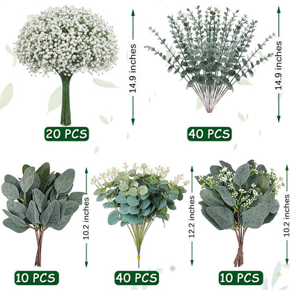 120 Pcs 6 Kinds Mixed Eucalyptus Leaves Stems Bulk Artificial Silver Dollar Leaves Picks Dried Eucalyptus Bundle Faux Spray for Wedding Vase Bouquet Decor (Eucalyptus Leaves Stems-120)