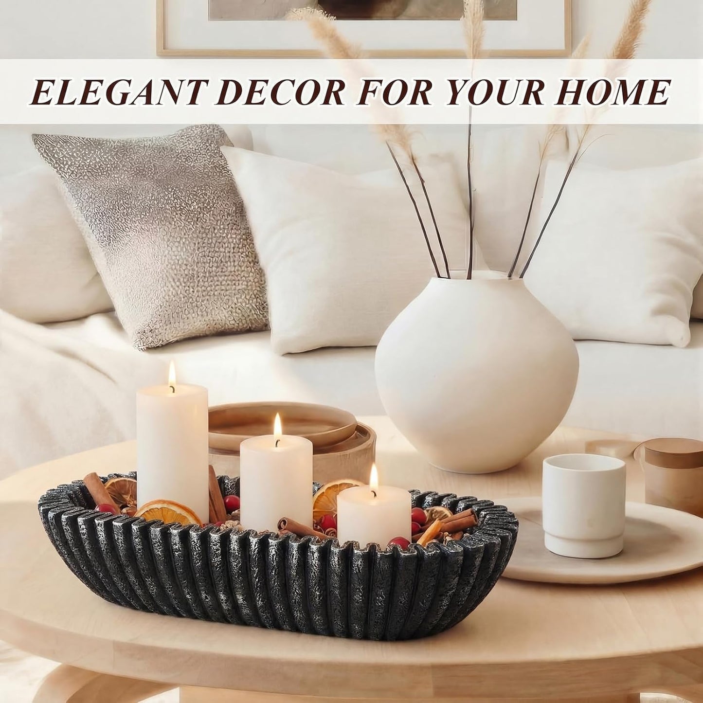 Large Decorative Bowl for Home Decor Long Dough Key Bowls Coffee Table Decor Centerpiece White Ruffle Scalloped Resin Modern Handicraft Bowl for Kitchen Counter Farmhouse Entryway
