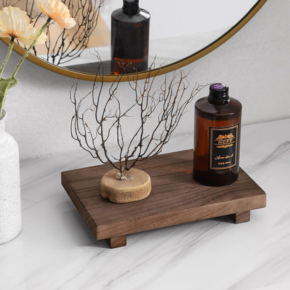 zoocatia Small Wood Tray Pedestal Stand Farmhouse Bathroom Decor Decorative Wooden Riser Kitchen Soap Dish Holder for Vanity, Counter, Sink, Brown
