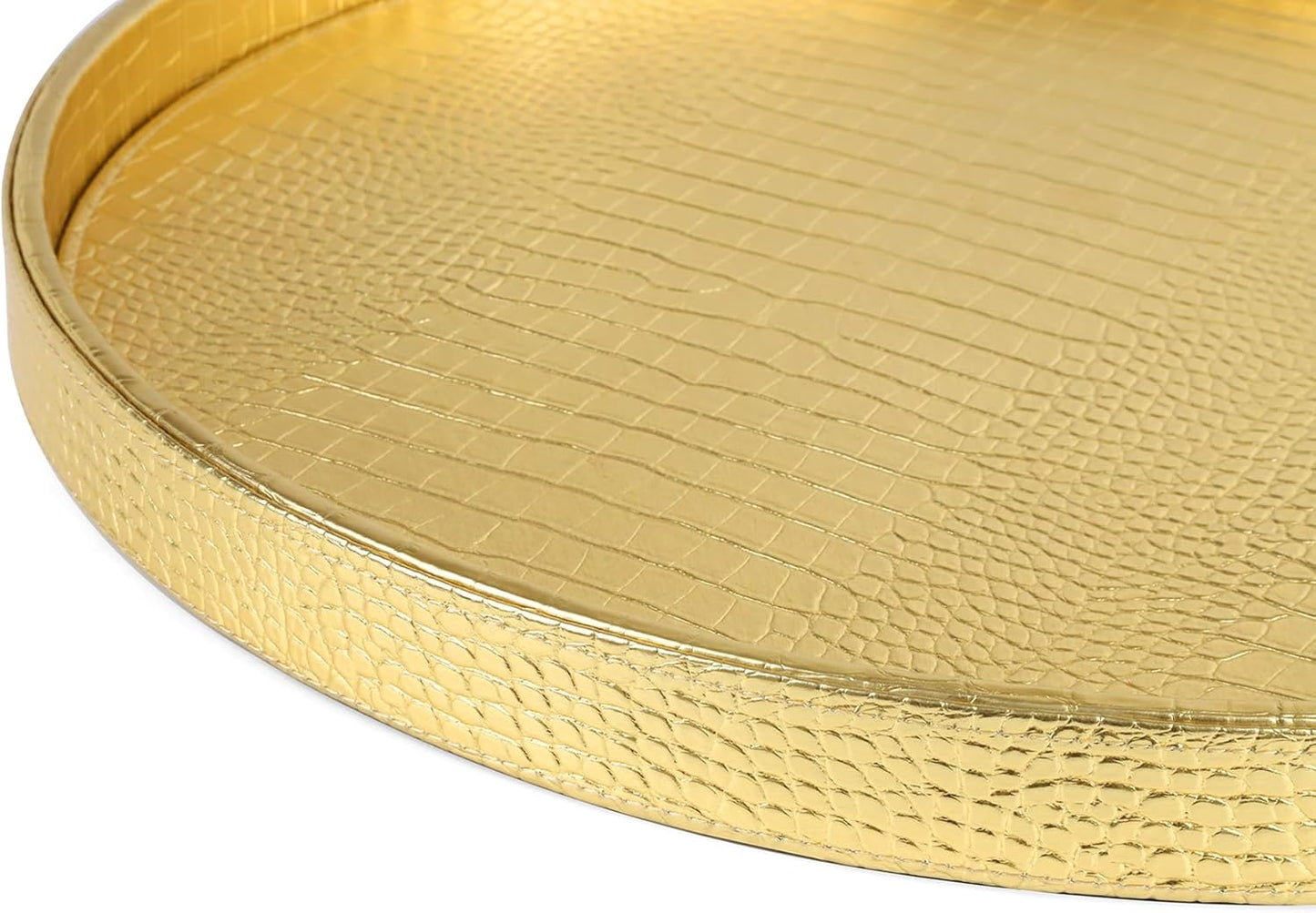 HofferRuffer Round Serving Tray 20'', Elegant Faux Leather Circle Ottoman Table Tray, Serve Tea Coffee Breakfast in Bedroom Living Room Kitchen (Brown)